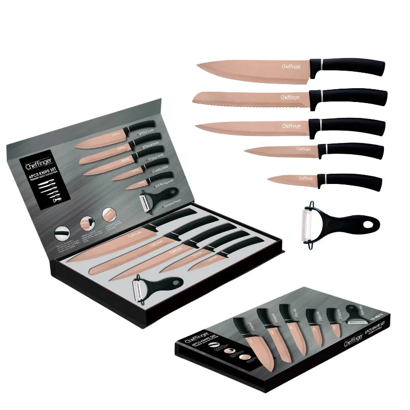 Set de cuțite Cheffinger MB12 cu curățător de pâine, 6 piese, strat antibacterian, roz