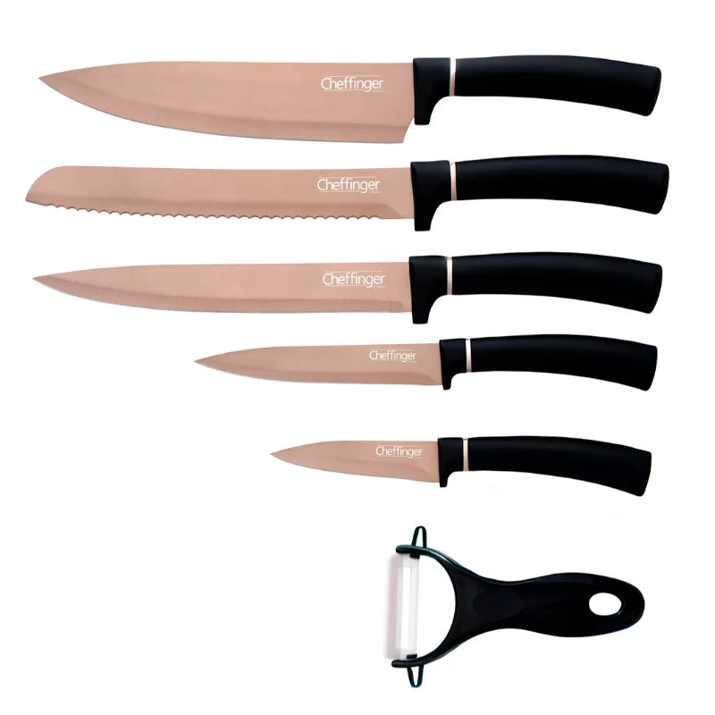 Set de cuțite Cheffinger MB12 cu curățător de pâine, 6 piese, strat antibacterian, roz