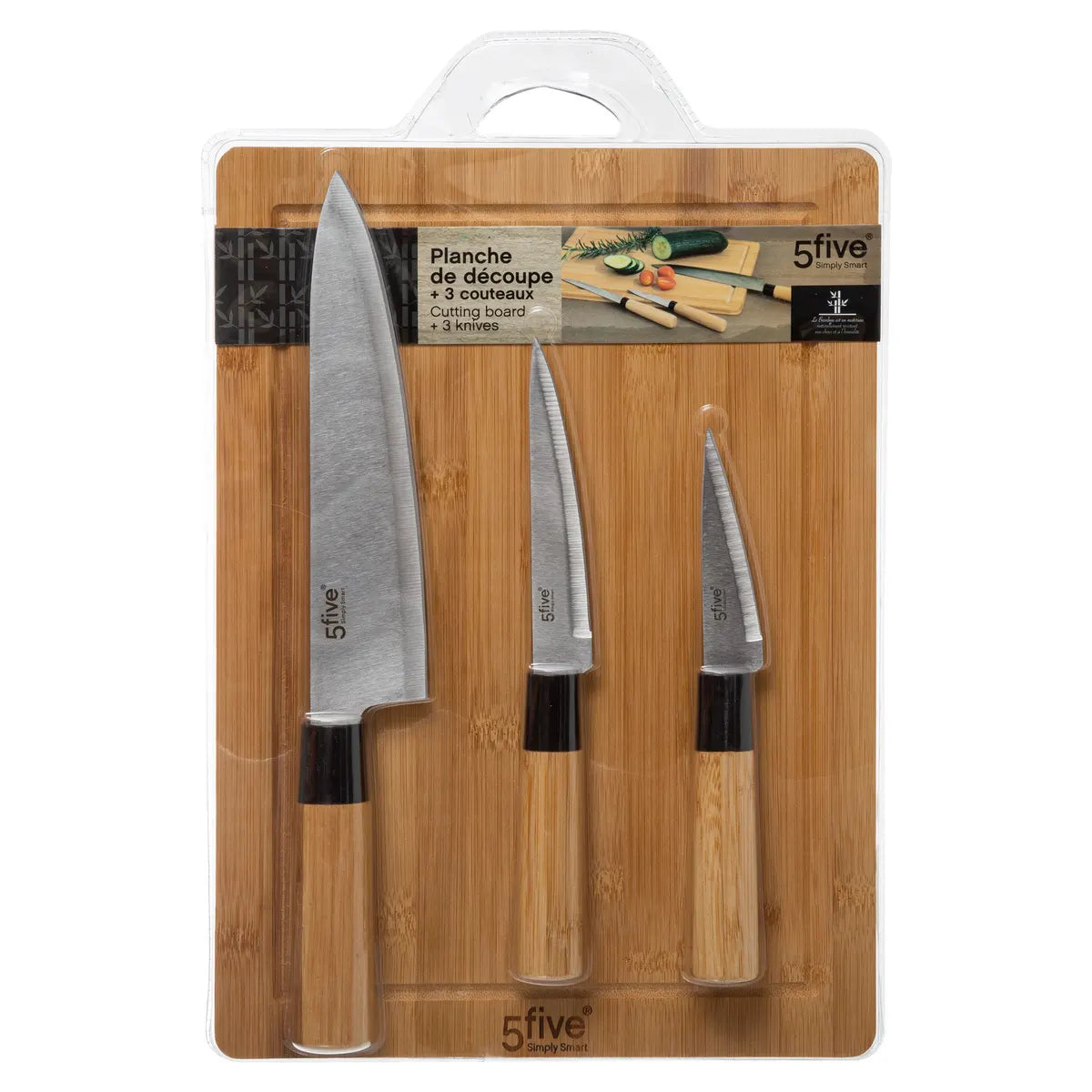 Set de 3 cuțite și placă 5Five, Bambus, 40x25 cm