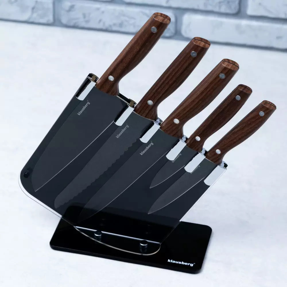 Set cuțite cu suport Klausberg 7616, 6 piese, Inox, Maro/Gri