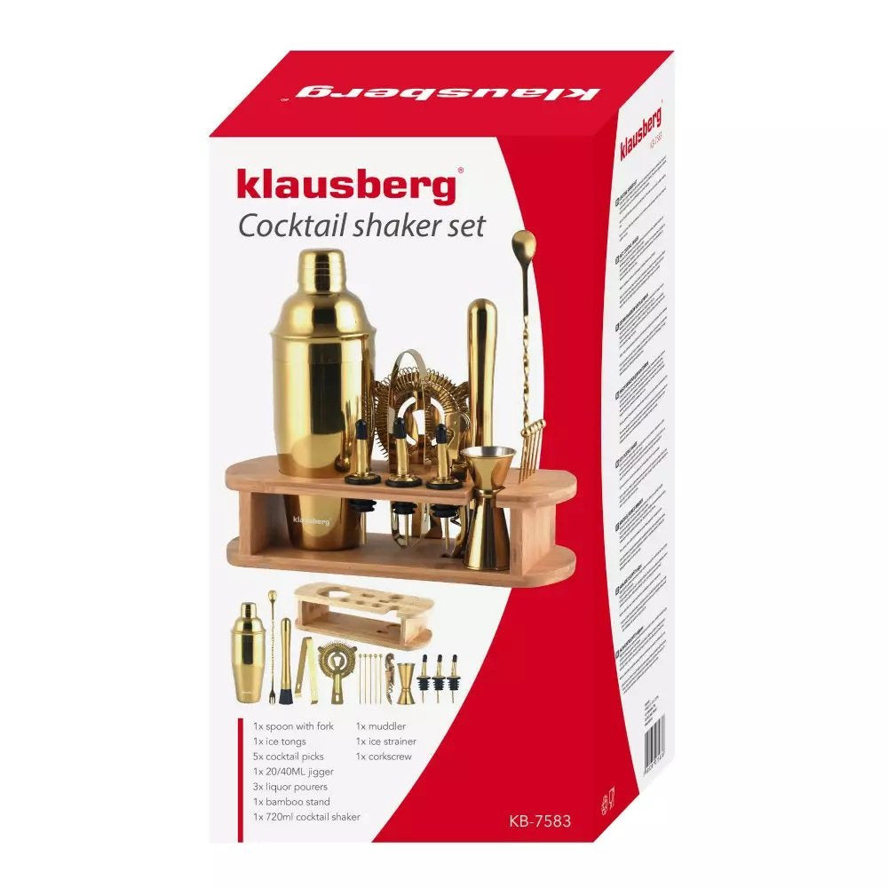 Комплект за коктейли Klausberg 7583, 17 части, Бамбукова стойка, Златист