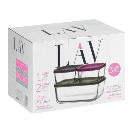 Set de 3 cutii LAV Cube din sticlă, capac gri