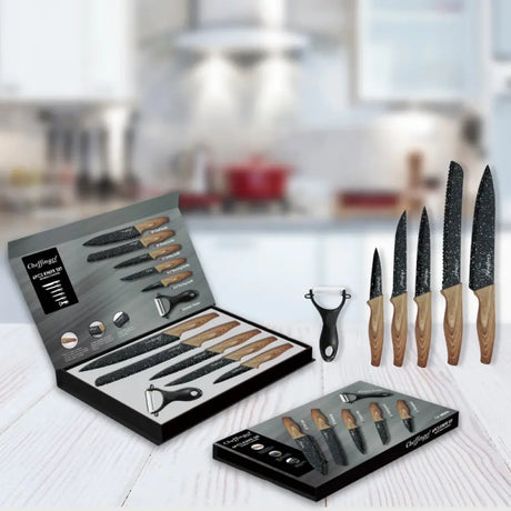 Set de cuțite Cheffinger MB06 cu curățător de pâine, 6 piese, acoperire antibacteriană, lemn