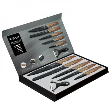 Set de cuțite Cheffinger MB06 cu curățător de pâine, 6 piese, acoperire antibacteriană, lemn