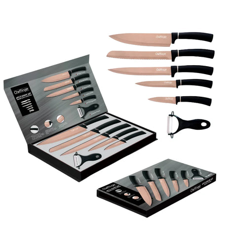 Set de cuțite Cheffinger MB12 cu curățător de pâine, 6 piese, strat antibacterian, roz