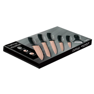 Set de cuțite Cheffinger MB12 cu curățător de pâine, 6 piese, strat antibacterian, roz