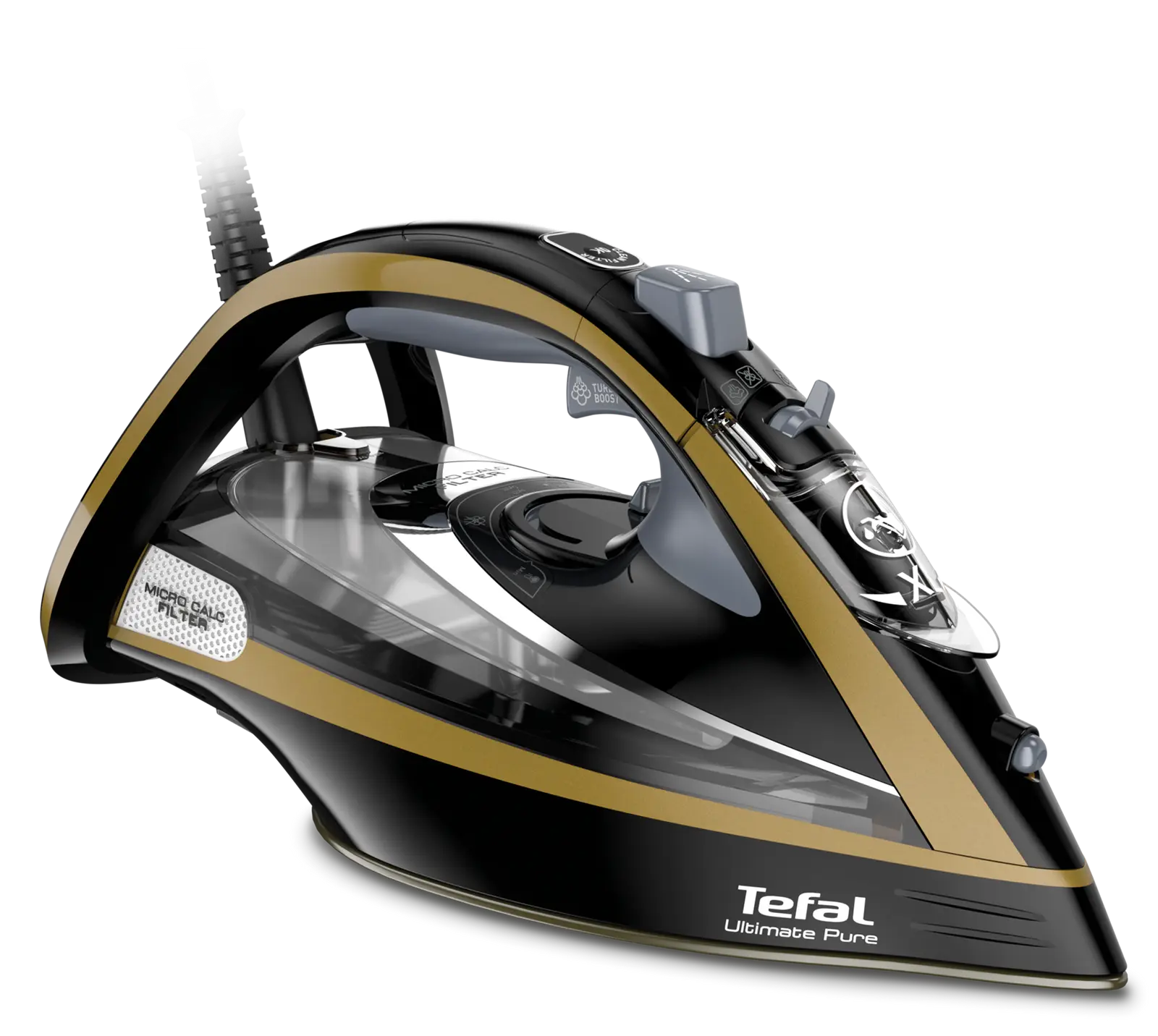 Fier de călcat Tefal Ultimate Pure FV9865, 3000 W, Jet de abur 250 g/min, Abur variabil 0-60 g/min, Rezervor de apă 350 ml, Talpă Durilium AirGlide Autoclean, Oprire automată, Negru/Auriu