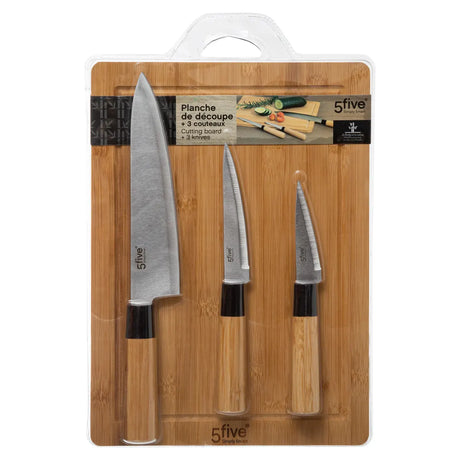 Set de 3 cuțite și placă 5Five, Bambus, 40x25 cm