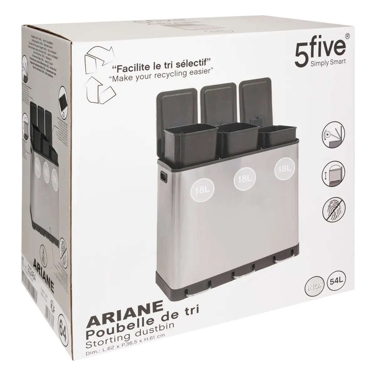 Coș de reciclare 5five Ariane, Inox, 3x18 l