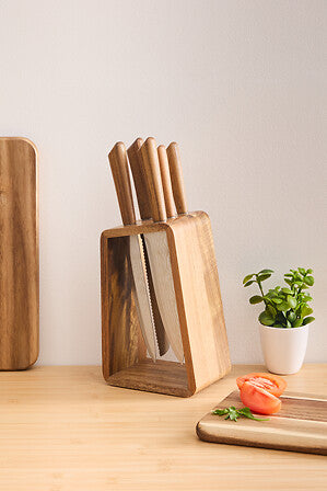 Knife block 5 stainless steel blades with acacia handle L. 15.2 x D. 11.3 x H. 36.3 cm acacia base