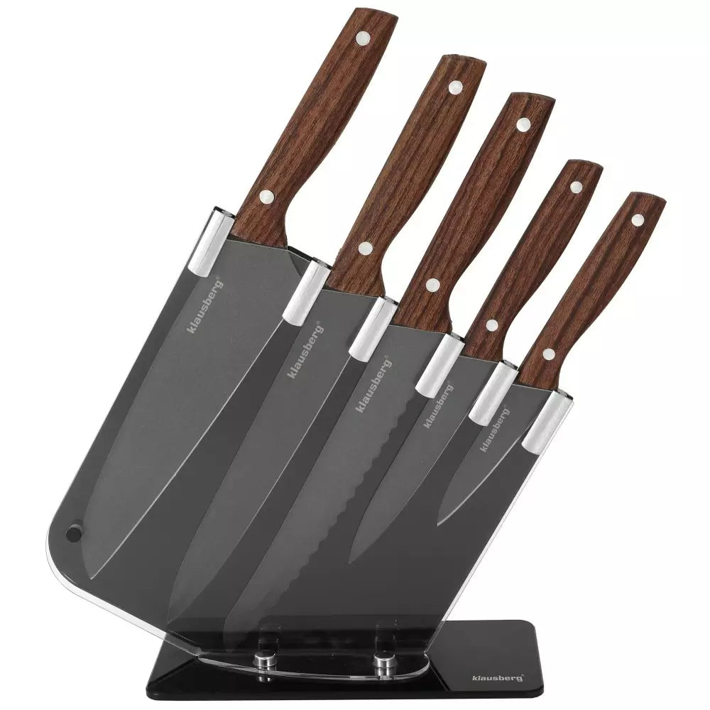 Set cuțite cu suport Klausberg 7616, 6 piese, Inox, Maro/Gri