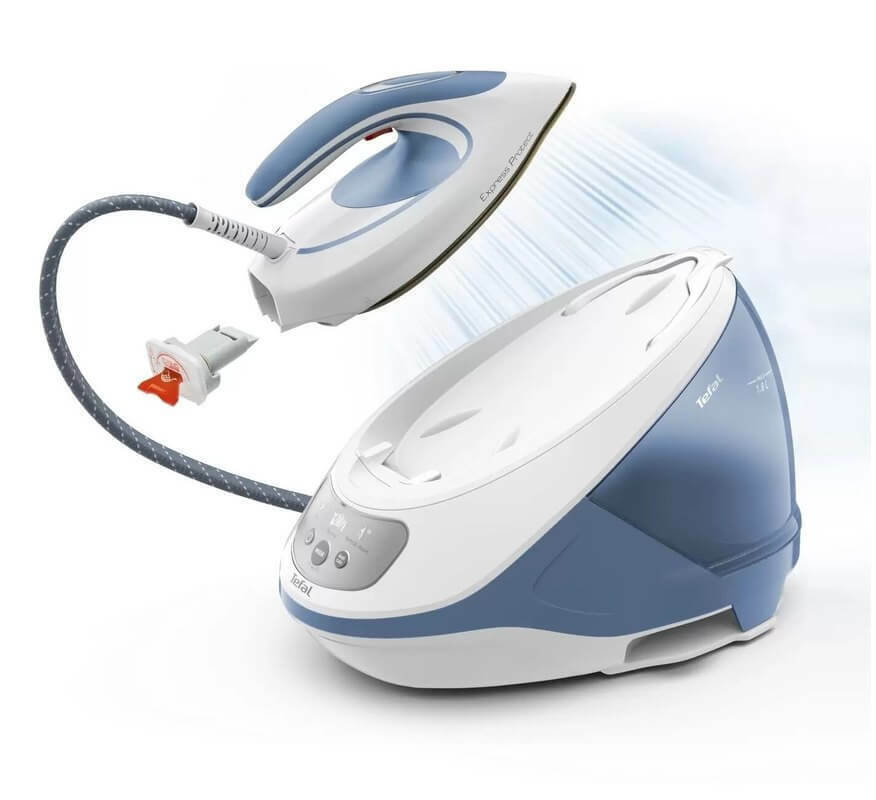 Generator de abur Tefal Express Protect SV9202E0, 2800W, Presiune 7.5 bar, Rezervor 1.8 l, Placă Durilium Airglide Autoclean, Alb&amp;Albastru