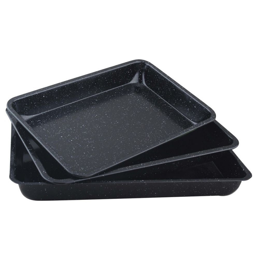 Set de tăvi KingHoff 1069, finisaj marmurat, 3 piese, dreptunghiulare, negre